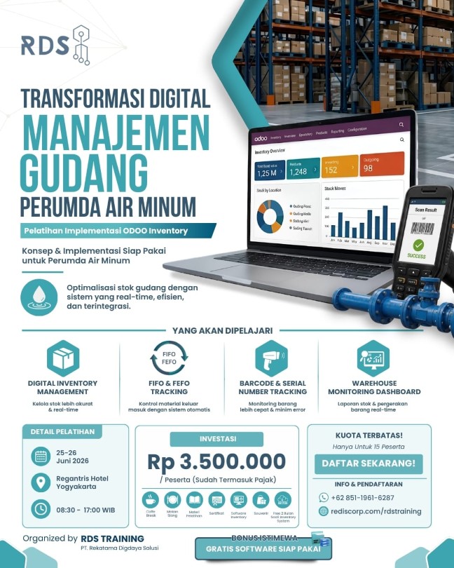Poster Pelatihan Implementasi ODOO Inventory khusus untuk Perumda Air Minum